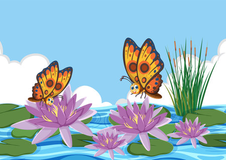 Colorful butterflies fluttering around purple water liliesのイラスト素材