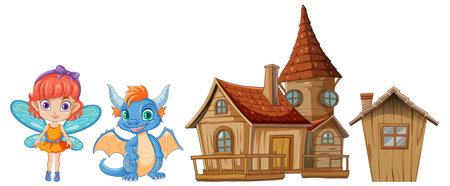 Colorful illustration of fairy, dragon, and housesのイラスト素材