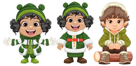 Three kids dressed in festive winter outfitsのイラスト素材