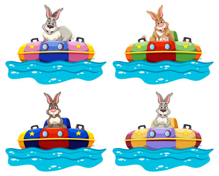 Four rabbits enjoying a ride in bumper boatsのイラスト素材