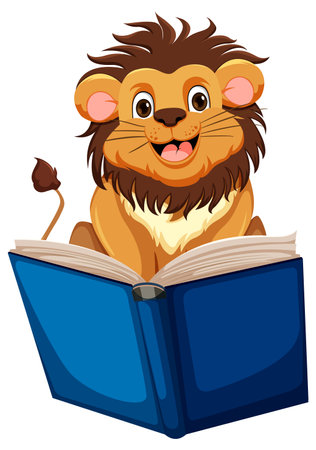 Cartoon lion reading a blue book happilyのイラスト素材