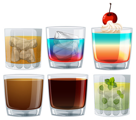 Assorted cocktails in glasses with different garnishesのイラスト素材