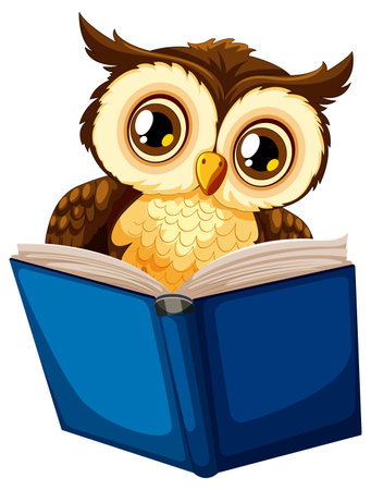 Cute owl engrossed in reading a blue bookのイラスト素材