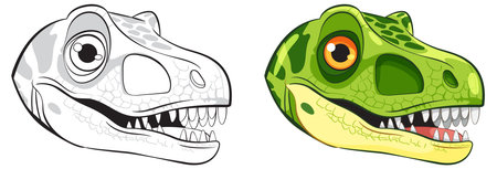 Two dinosaur heads, one colored, one black and whiteのイラスト素材