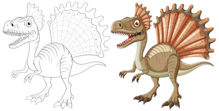 Detailed dinosaur with vibrant colors and outline versionのイラスト素材