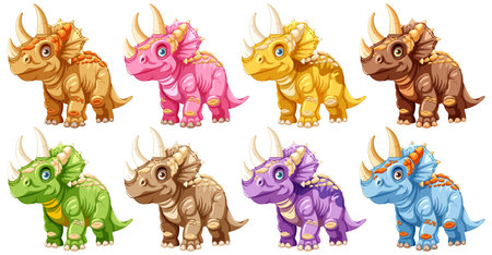 Eight vibrant cartoon dinosaurs in various colorsのイラスト素材