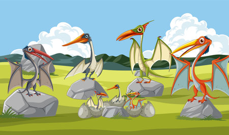Pterodactyls with eggs and hatchlings on rocksのイラスト素材