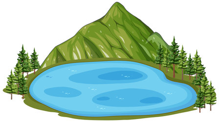 Serene lake surrounded by mountains and treesのイラスト素材
