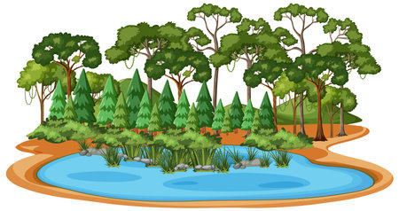 Lush forest surrounding a calm, blue pondのイラスト素材