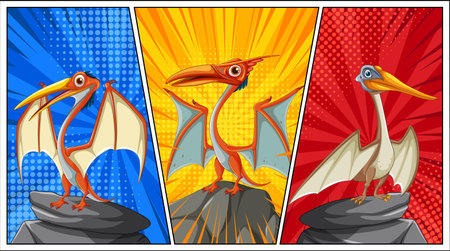 Three heroic pterodactyls on colorful backgroundsのイラスト素材