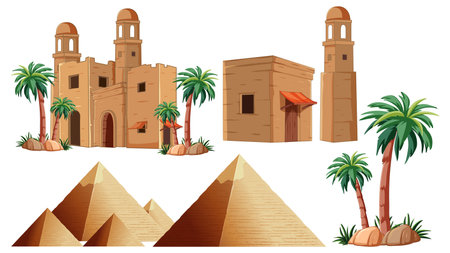 Illustration of pyramids, buildings, and palm treesのイラスト素材