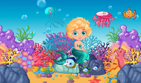 Mermaid surrounded by colorful sea creatures and coralのイラスト素材
