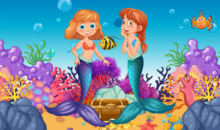 Two mermaids with treasure chest underwaterのイラスト素材