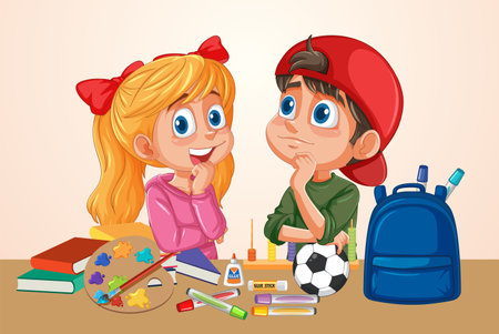 Two kids surrounded by school suppliesのイラスト素材
