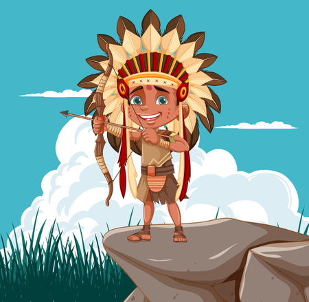 Child with bow and arrow on rockのイラスト素材
