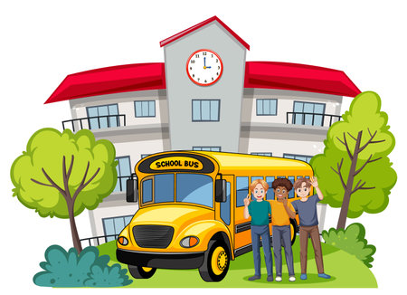 Happy students standing by a school busのイラスト素材