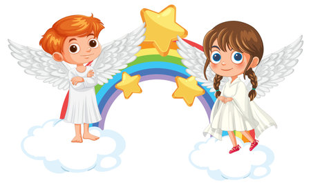 Two angels standing on clouds with rainbowのイラスト素材