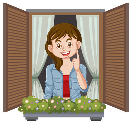 Smiling girl pointing outside window with flowersのイラスト素材