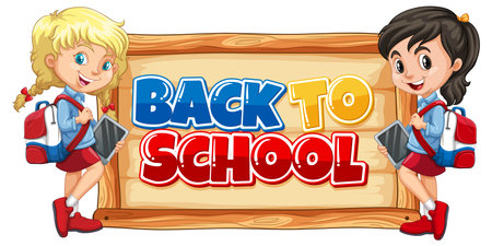 Two kids with backpacks and tabletsのイラスト素材