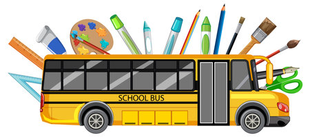 School bus with various educational suppliesのイラスト素材