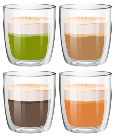 Four different drinks in transparent glassesのイラスト素材