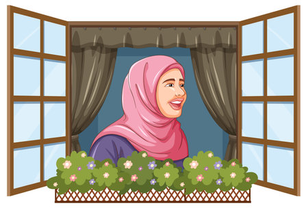Woman in hijab smiling through open windowのイラスト素材