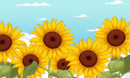 Bright sunflowers blooming against a blue skyのイラスト素材
