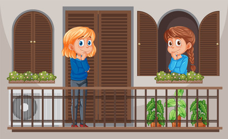 Two people conversing across balconies with plantsのイラスト素材