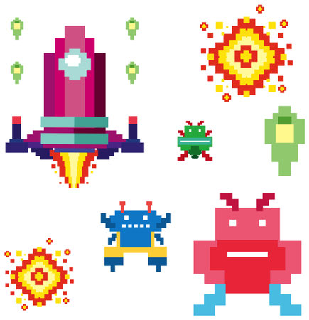Colorful pixelated space-themed characters and objects