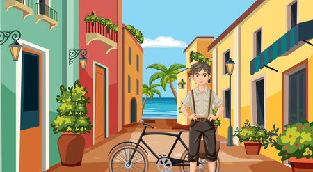 A boy stands with his bicycle in a vibrant alleyのイラスト素材