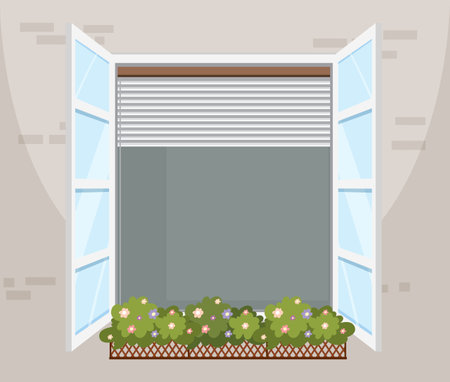 Window with flowers and open shuttersのイラスト素材