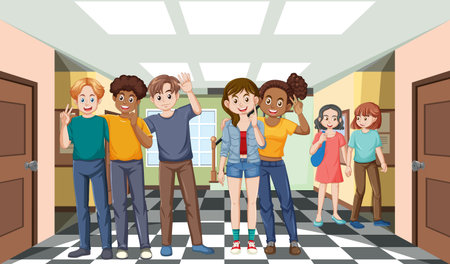 Group of friends enjoying time together at schoolのイラスト素材