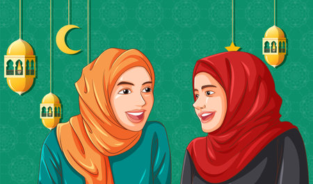 Two women smiling with Ramadan decorationsのイラスト素材