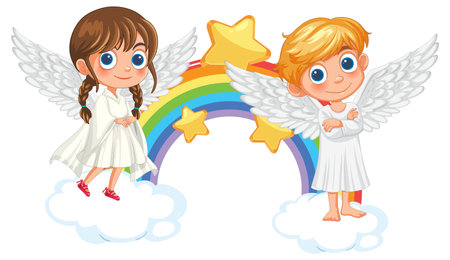 Two angels standing on clouds with rainbowのイラスト素材