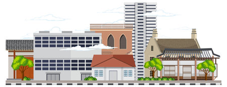Illustration of various buildings in a cityscapeのイラスト素材