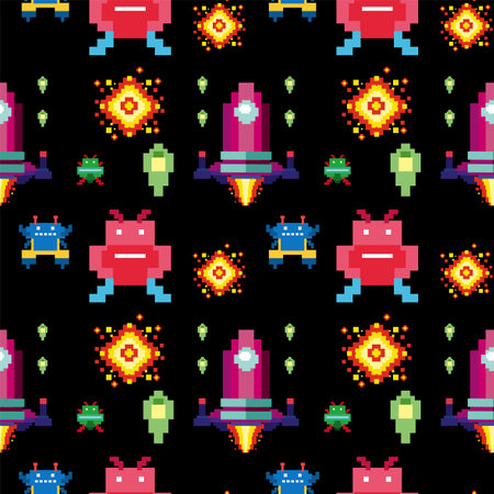 Colorful pixelated aliens and spaceships on black backgroundのイラスト素材