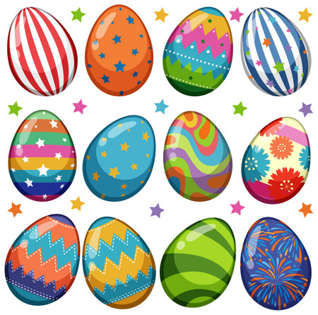 Brightly decorated eggs with various patternsのイラスト素材
