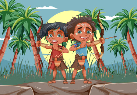 Two kids with bows in a jungle settingのイラスト素材