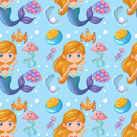 Mermaids and sea creatures in a seamless patternのイラスト素材
