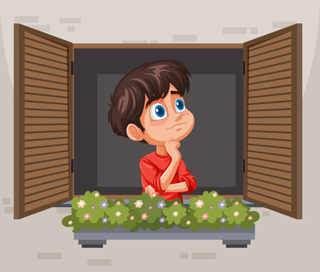 A boy in red shirt daydreamingのイラスト素材