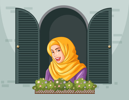 Woman in hijab smiling through open windowのイラスト素材