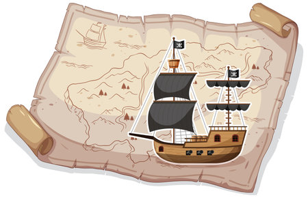 Pirate ship sailing on an ancient mapのイラスト素材