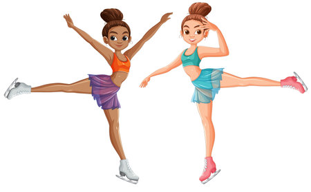 Two girls performing figure skating movesのイラスト素材