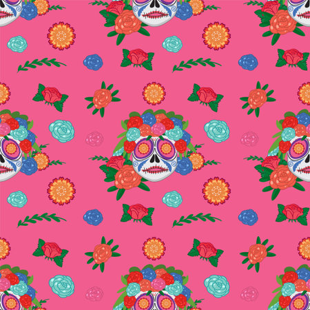 Vibrant skulls and flowers on pink backgroundのイラスト素材