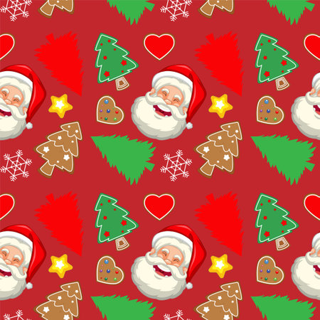 Santa, trees, hearts, and snowflakes on red backgroundのイラスト素材
