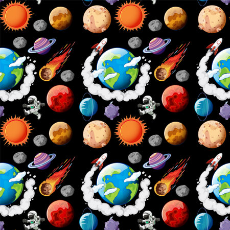 Seamless pattern with planets, rockets, and starsのイラスト素材