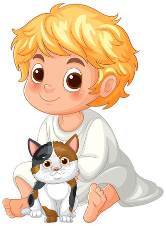Blonde child sitting with a calico catのイラスト素材