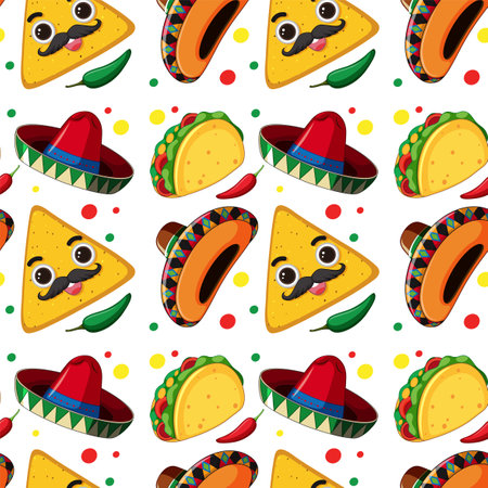 Colorful seamless pattern with Mexican food and hatsのイラスト素材