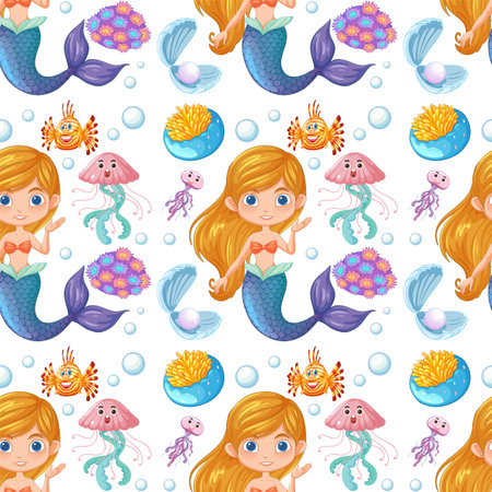Mermaids and sea creatures in a seamless patternのイラスト素材