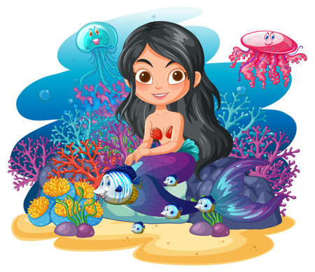Mermaid sitting among vibrant corals and sea creaturesのイラスト素材